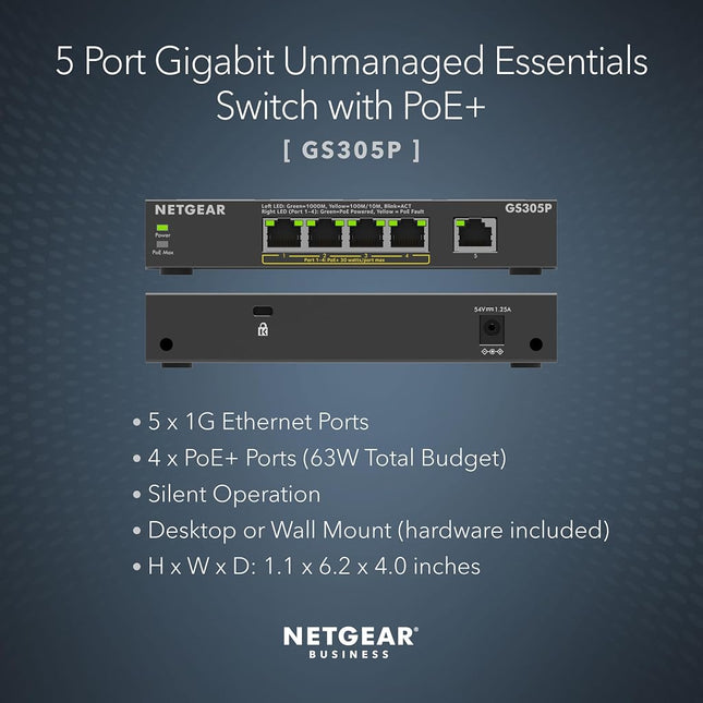 NETGEAR 5-Port PoE Gigabit Ethernet Unmanaged Essentials Switch (GS305P) - with 4 x PoE+ @ 63W, Desktop or Wall Mount