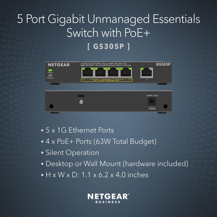 Switch esencial no gestionado NETGEAR Gigabit Ethernet PoE de 5 puertos (GS305P) - con 4 puertos PoE+ a 63 W, de sobremesa o montable en pared