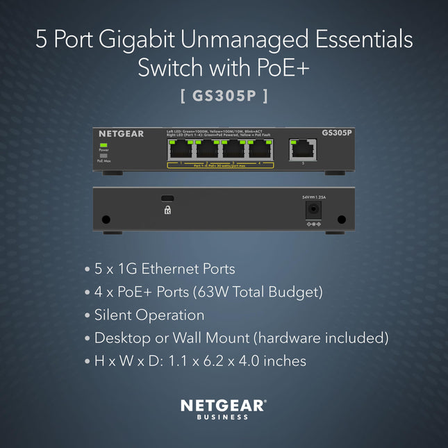 NETGEAR 5-Port PoE Gigabit Ethernet Unmanaged Essentials Switch (GS305P) - with 4 x PoE+ @ 63W, Desktop or Wall Mount
