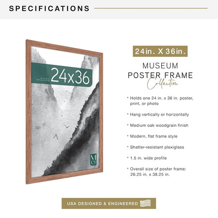 MCS Museum Poster Frame 24x36 Medium Oak Woodgrain, Vertical & Horizontal Wall Hanging Large Picture Frame for Photos, Posters & Art Prints (1-Pack)