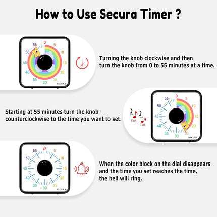 Secura Rainbow Visual Timer, 60-Minute Mechanical Countdown Clock for Classroom or Kitchen, Magnetic Backing, 7.5 Inch, Black & Star