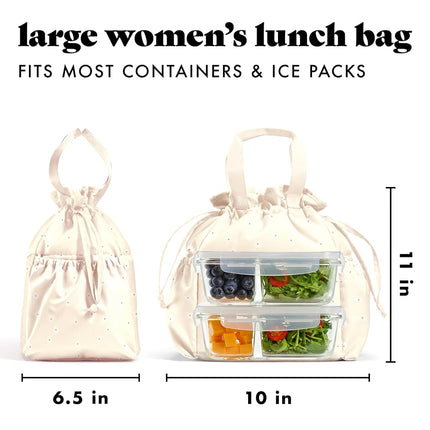 Fit & Fresh Cromwell Drawstring Lunch Bag for Women, Complete Lunch Set with 2 Containers, Stain-Resistant, Leak-Resistant, Back to School Essential, Teacher Lunchbox, Ivory Daisies