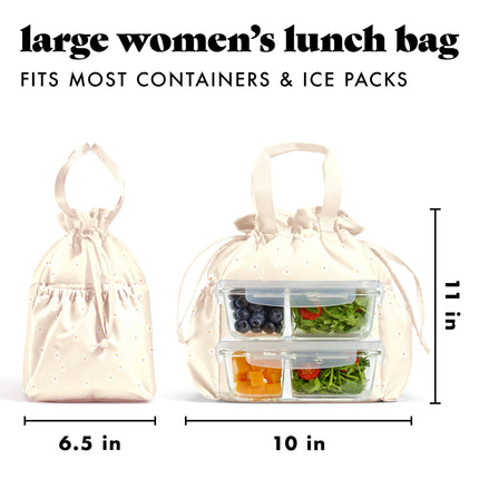 Fit & Fresh Cromwell Drawstring Lunch Bag for Women, Complete Lunch Set with 2 Containers, Stain-Resistant, Leak-Resistant, Back to School Essential, Teacher Lunchbox, Ivory Daisies