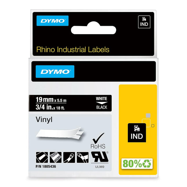 DYMO Rhino Industrial Vinyl Labels, 3/4", White Pr