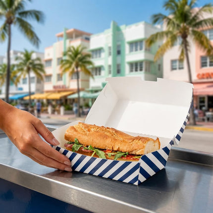 Bio Tek 6.7 x 3.5 x 3.5 Inch Clamshell Food Containers, 100 Disposable Sandwich Containers - Hinged Lid, Tab-Lock Closure, Blue And White Paper Hot Dog Containers, Greaseproof - Restaurantware