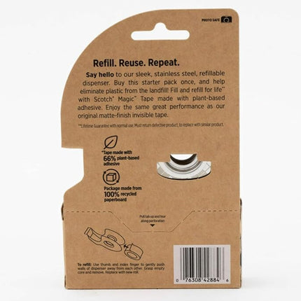 Scotch Stainless Steel Refillable Dispenser and 2 Rolls of Scotch Magic Tape with 66% Plant Based Adhesive, 0.75 in. x 550 in, Invisible Tape, Oﬃce Supplies and School Supplies