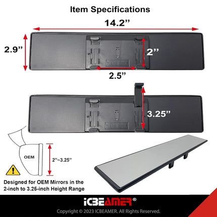 14.2" ICBEAMER Clip On Rear View Mirror | Flat Clear Tint, Panoramic Wide Angle HD Glass, Anti Glare, Universal Fit for Car, SUV, Truck | Eliminates Blind Spots (1 Pack)