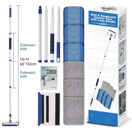 Qaestfy Skirting Borad Cleaner Tool with Handle, Wall Floor Mop with Extendable Long Handle Duster for Cleaning Window, Floor, Skirting Board, Ceiling, Shower, Tub Tile, Kitchen with 6 Reusable Pads