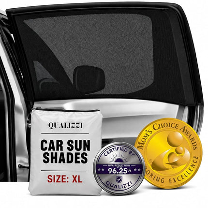 XL/Car Side Window Shades for SUV. 8 Sizes/2 Pack. Stretch-to-Fit Mesh for Rear Windows Up to H:20" x W:46". Sun, Heat & Bugs Protection, Blocks 96% UVA. Camping Windows Screens | Qualizzi®
