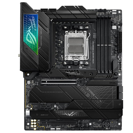 ASUS ROG Strix X670E-F Gaming WiFi AMD Ryzen AM5 ATX motherboard, 16 + 2 power stages, DDR5 support, four M.2 slots with heatsinks, USB 3.2 Gen 2x2, PCIe 5.0, WiFi 6E, AI Cooling II, and Aura Sync