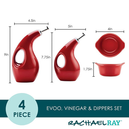 Rachael Ray Serveware Ceramics EVOO and Ramekin Dipper Set, 4 Piece, Red