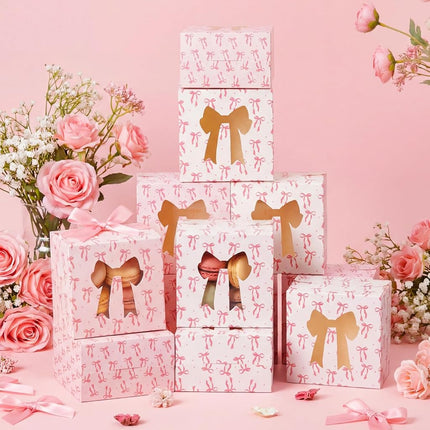 Chivertion 50 Pcs Pink and White Bow Cookie Box with Window Bowknot Small Bakery Boxes Cake Treat Containers for Pastry Donuts Macaroon Wedding Bridal Shower Birthday Party Favors