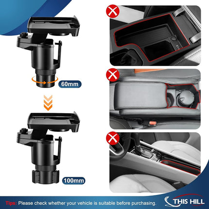 This Hill Cup Holder Tray for Car, 2 in 1 Detachable Car Food Table Tray with Solid Base & Phone Slot,Car Cup Holder Expander with 360°Rotation Tray for Travel Road Essentials
