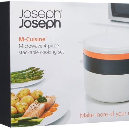 Joseph Joseph M-Cuisine Microwave 4-Piece Stackable Cooking Set, 2 litre cooking pot, steamer, griddle and lid, Orange/Beige
