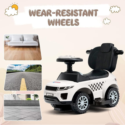 OLAKIDS 4 in 1 Ride on Push Car, Toddlers Sliding Walking with Horn, Music, Lights, Removable Guardrails and Handle, Underneath Storage, Foot-to-Floor Walker for Boys Girls (Ivory White)