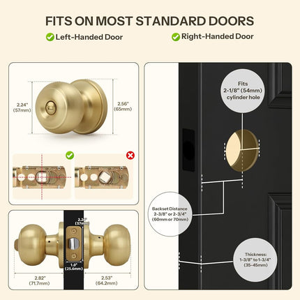 LOQRON Brushed Gold Flat Ball Door Knob with Lock, Keyless Privacy Round Design Doorknob for Bathrooms/Bedrooms, Satin Brass Finish