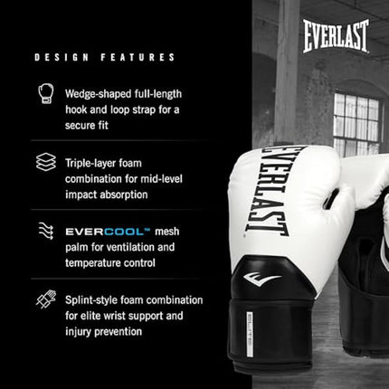 Everlast Elite 2 12oz Boxing Gloves, White/Black Boxing Gloves for Bags, Mitt Work & Sparring, Hook and Loop Strap, Ergonomic Grip Bar, Split-Style Foam Combination - Authentic Everlast Gear