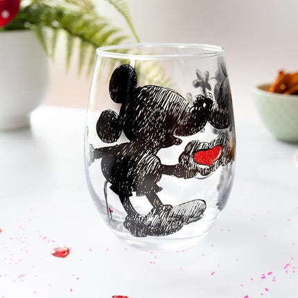 Verre à vin sans pied Silver Buffalo Disney Mickey et Minnie Cœur classique à paillettes, 590 ml