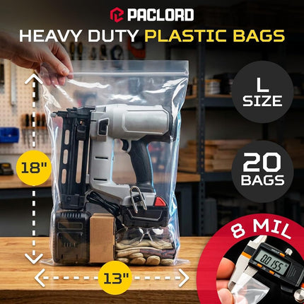 Paclord Large 13" x 18" Gallon Reclosable Poly Zip Seal Lock Bag 8 Mil Thickness, 20 Clear Resealable Bags with Extra Durability, Waterproof and Airtight Heavy Duty Bags