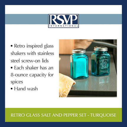 RSVP International Jumbo Retro Glass Salt & Pepper, Screw On Stainless Steel Lid, Each Shaker Holds 8 Ounces, 2.25x2.25x4.8, Turquoise