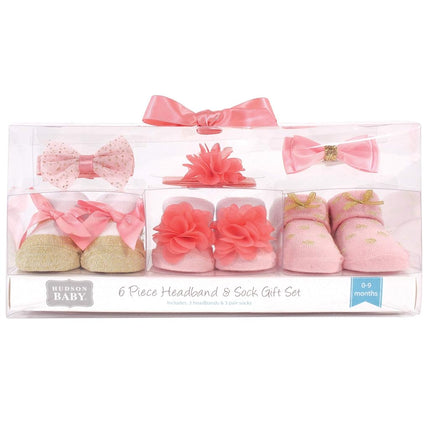 Hudson Baby Set de regalo de diadema y calcetines para bebé niña, coral dorado, 6 piezas, talla única