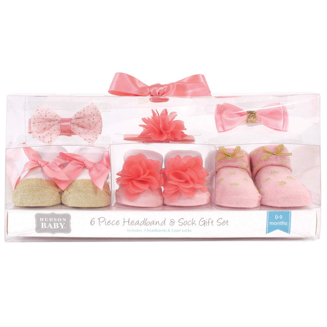 Coffret cadeau bandeau et chaussettes Hudson Baby Fille, corail doré 6 pièces, taille unique