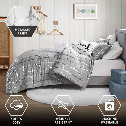 Intelligent Design Raina King/Cal King Comforter Set, Soft Microfiber Comforter Set King, Modern Geometric Metallic Bed Set, 5 Pieces College Bedding Comforter Set with 2 Shams, 2 Toss Pillows Grey
