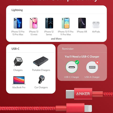 Anker New Nylon USB C to Lightning Cable, Apple MFi Certified for iPhone 14 Series, and More (6FT,Red)