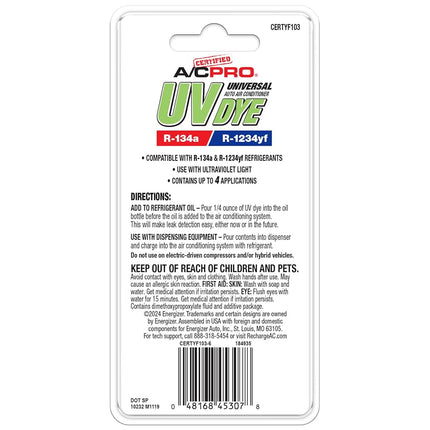 A/C Pro Certified A/C Pro Colorant détecteur de fuites pour climatisation de voiture, colorant UV détecteur de fuites pour systèmes de climatisation R-1234YF, 29,5 ml