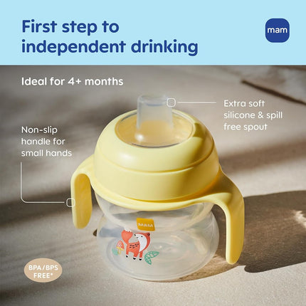Vaso de iniciación MAM (1 unidad), vaso entrenador, vaso para beber con boquilla antisalpicaduras extrasuave y asas antideslizantes, para niños de más de 4 meses, cinco onzas, azul