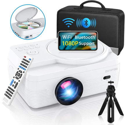 Full HD WiFi Bluetooth Projector Built in DVD Player, 8000LM 1080P Supported, Portable Mini DVD Projector for Outdoor Movies, 250" Home Theater, Compatible with iOS/Android/TV Stick/PS4/HDMI/USB/TF