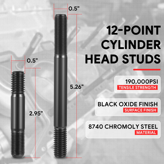 DNA MOTORING Front 12-Point Cylinder Head Studs Compatible with Windsor Small Block 5.8L 351 1969-1997, 190,000 PSI Tensile Strength, LEPOW-111