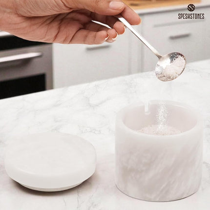 SPESHSTONES Marble Salt Cellar with Lid and Spoon 3'' Inches White Salt Container Handmade Spice Seasoning Containers for Kitchen Storage Accessories - Salt Box & Ideal Sugar Bowl, Flaky Salt Cellar