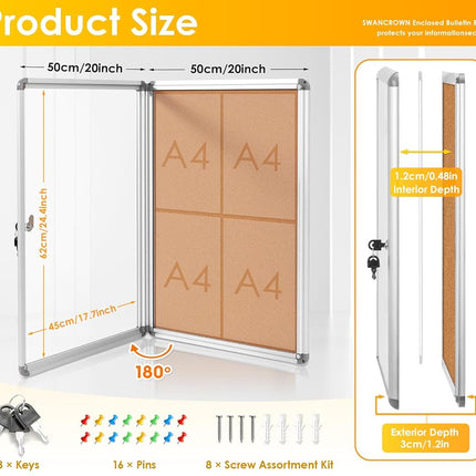 SWANCROWN Cork Board 67 x 50 cm Lockable Notice Board with Aluminum Frame