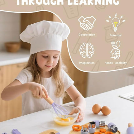 Wooden Kids Cooking Set Montessori Kit - Real Toddler Kitchen Tools & Baking Utensils - 15PCS Cooking Kit for Kids with Storage Bag, Great Gift for Pretend Play & Montessori Learning (Purple)