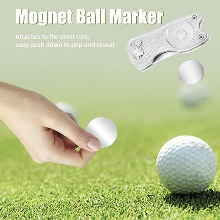 Mile High Life 4 Pieces Golf Divot Repair Tool w Magnetic Golf Ball Marker | All Metal Foldable Divot Tool w Pop-up Button | Golf Club Holder | Golf Accessories for Men (2 Black,2 Silver)
