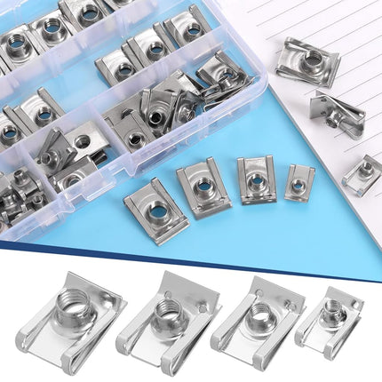 Glarks 50pcs M4 M5 M6 M8 U-Style Clip-On Nuts Set, 304 Stainless Steel Thread Clip Nut, U Nuts Clamp Set, U-Shaped Nut, Automotive U-Clips for Engine, Fender, Bumper, Dash, Interior Trim Panels