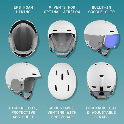 Casco de esquí y snowboard Retrospec Zephyr para adultos - Ajustable con 9 orificios de ventilación - Carcasa de ABS resistente a los impactos y espuma EPS - Blanco mate, grande 59-62cm