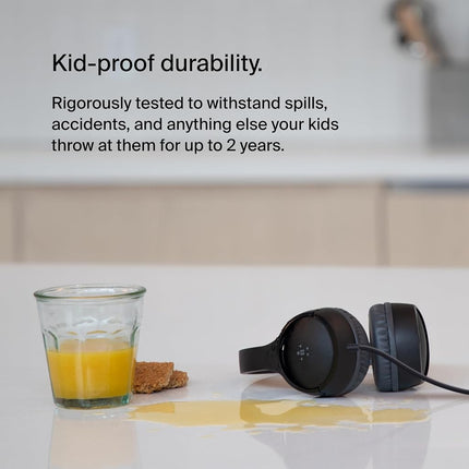 Belkin SoundForm Mini Kids Wired Headphones with Built-in Microphone & Fun Stickers, 85dB Safe Volume Limit – for Online Learning, Travel, Compatible w/iPhone 15, iPad, Galaxy S23, & More - Black