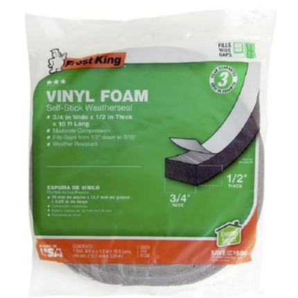 Frost King V734H Vinyl Foam Self-Stick Tape, Moderate Compression, 3/4" Wide x 1/2" Thick x 10 ft. Long, Gray