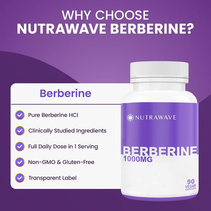 Nutrawave PURE Berberine MAXIMUM POTENCY 1000mg per Serving (2 capsules 500mg each) Non-GMO, Vegan, Gluten Free. 90 Easy to Swallow Capsules