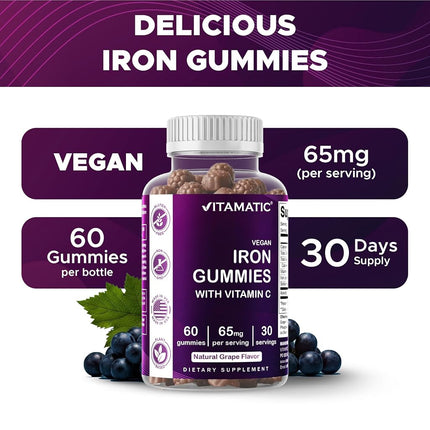 Vitamatic Iron 65 mg Gummies Supplement for Women & Men - 60 Vegan Gummies - Great Tasting Iron Gummy Vitamins with Vitamin C (1)