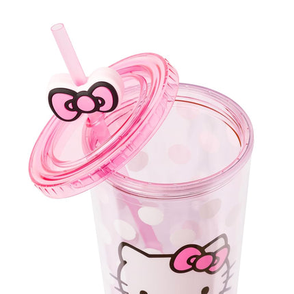 Gobelet réfrigérant en plastique Silver Buffalo Sanrio Hello Kitty avec nœud, pois roses, couvercle et paille, 710 ml