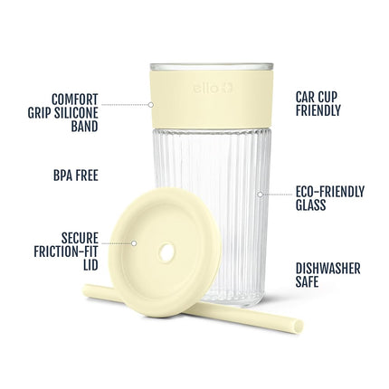 Ello Ava 18oz Glass Tumbler with Straw and Lid for Iced Coffee, Lemon