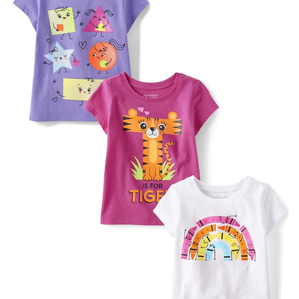 The Children's Place Paquete de 3 camisetas gráficas de manga corta para bebé y niña, Tigre/Iguana/Tiburón, 3T