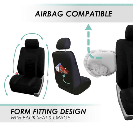 FH GROUP FH-FB070115 Juego completo de fundas para asientos de coche de tela deportiva, color negro sólido, compatible con airbags y banco dividido con alfombrillas de vinilo F11306 - Compatible con la mayoría de coches, camiones, SUV o furgonetas.