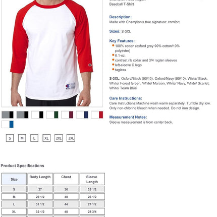 Champion Men's Raglan Baseball T-Shirt, White/Scarlet, Medium