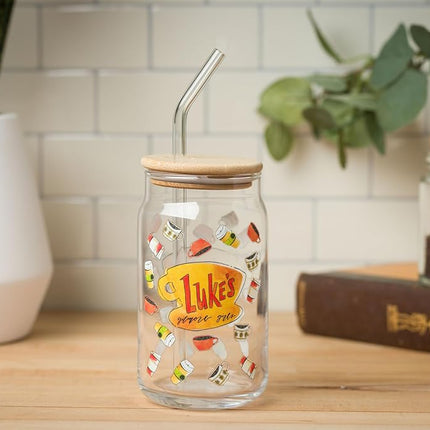 Vaso de cristal Silver Buffalo Gilmore Girls Luke's Diner con tapa de bambú y pajita de cristal, 473 ml