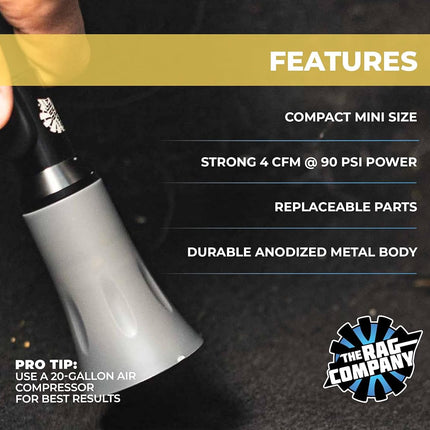 The Rag Company - Ultra Air Blaster Mini - Lift and Blast Dirt and Debris Away for Interior Detailing; Durable and Ergonomic Metal Design; Trigger Operated