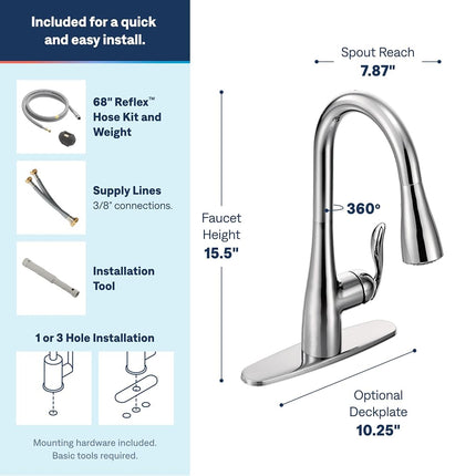 Moen Arbor Chrome One-Handle Kitchen Faucet with Pull Down Sprayer Featuring Power Boost and Reflex, 7594C